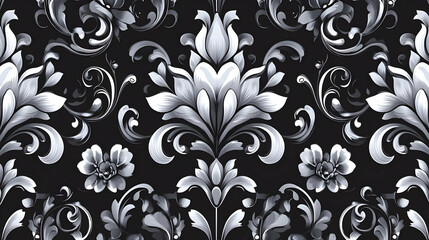 A decorative black and silver floral pattern with intricate swirls and designs.