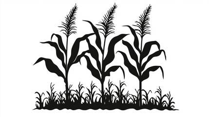 Black and White Silhouette of Corn Plants in a Field