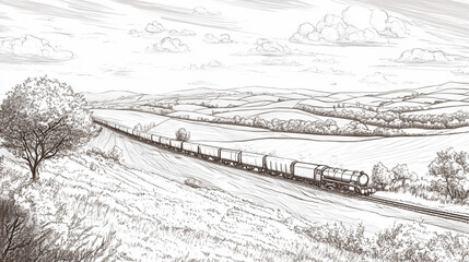 Fototapeta premium Train Journey Through Rolling Hills Sketch Illustration