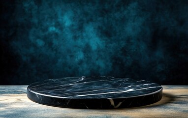 A dark marble surface with a polished finish, set against a textured blue background, ideal for displaying products or food.
