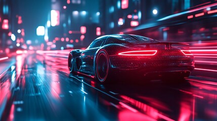 back view of black sport car on digital city background