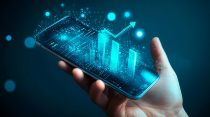 Hand Holding Smartphone with Holographic Upward Trend Graph