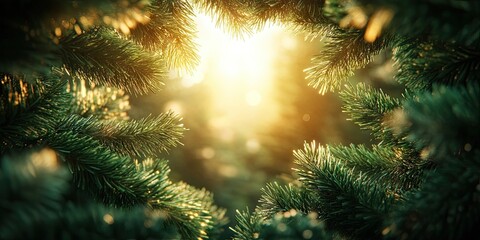 Christmas background featuring a decorative frame of fresh fir branches, ideal for creating personalized cards or wallpapers, holiday celebration, seasonal design.