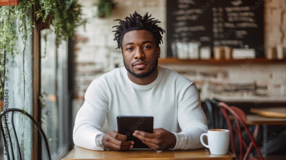 Leinwandbilder a young man sits at a cafe table, holding a tablet and looking towards the camera. he enjoys a warm 