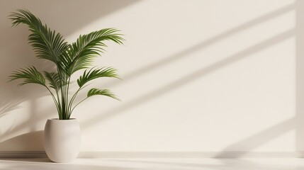A vibrant potted plant casts shadows on a minimalist wall, showcasing a serene and modern indoor decor.