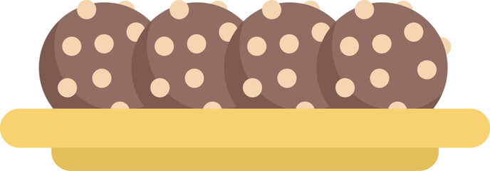 Four chocolate chip cookies are sitting on a yellow plate, ready to be enjoyed