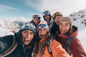 Diverse group of smiling snowboarders on a snowy mountain