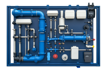 Detailed setup of industrial piping system, showcasing various components and fittings on a dark background.