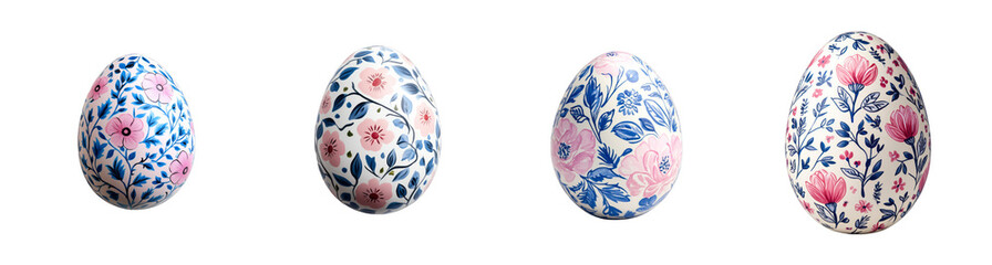 Set of beautifully decorated floral Easter eggs isolated on a transparent background, ideal for spring holiday design concepts