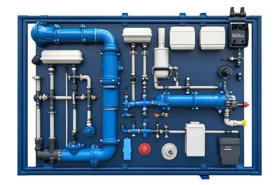 Detailed setup of industrial piping system, showcasing various components and fittings on a dark background.