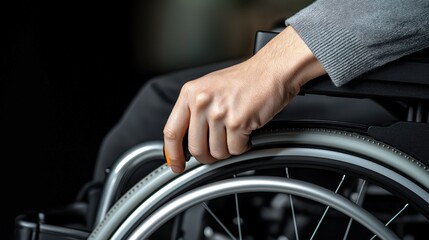Obraz premium Close-up of a person's hand on the wheel of a wheelchair, suggesting mobility and accessibility. The image focuses on the grip and the wheelchair's wheel.