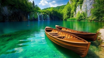 Two wooden boats on a crystal clear lake, surrounded by lush greenery and a cascading waterfall in the distance.