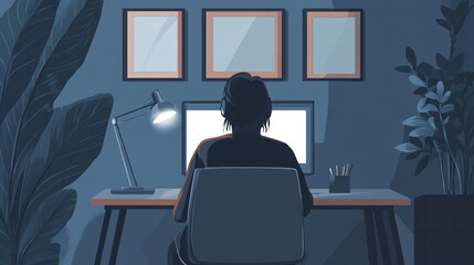 Person Working at a Desk with Laptop and Desk Lamp in a Home Office