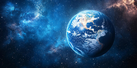A blue planet covered with clouds and shimmering seas, with bright constellations twinkling in the background