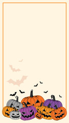 Vector Happy Halloween Pumpkins Greeting Card with Pumpkins Vertical Frame on White Background Vintage Style Scary Halloween pumpkins with creepy face expressions Happy Halloween Trick or Treat