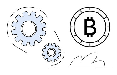 Cryptocurrency symbolized by Bitcoin and two meshed gears indicating technology, innovation, and system. Ideal for finance, technology, engineering, cryptocurrency, blockchain, business efficiency