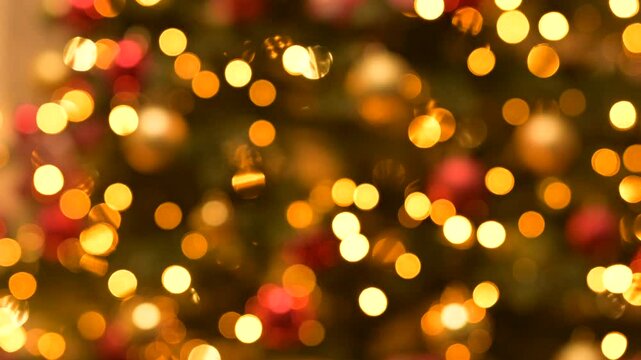 Decorated christmas tree focussed then blurred. Christmas background, festive mood at home, blurring view of bright lights decorations