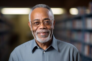 Obraz premium Smiling portrait of a African American senior male professor in library