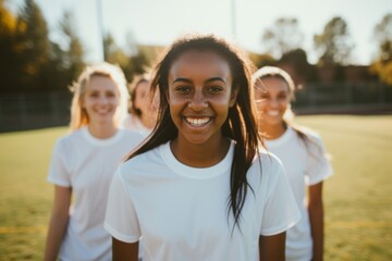 Smiling portrait of a diverse group of female teenage soccer players