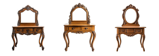 Collection of ornate vintage wooden vanity tables with mirrors, isolated on a transparent background, ideal for antique decor themes
