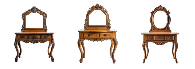 Collection of ornate vintage wooden vanity tables with mirrors, isolated on a transparent background, ideal for antique decor themes