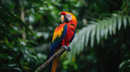 Fototapeta premium Vibrant red and yellow macaw macaw in lush tropical rainforest