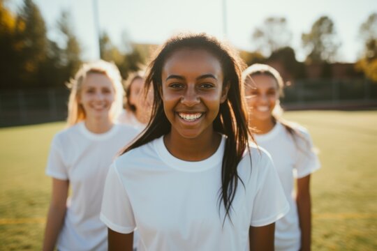 Smiling portrait of a diverse group of female teenage soccer players - Powered by Adobe