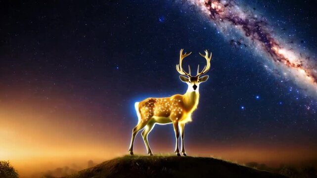 Cosmic deer with stars embedded in its fur, standing on a hilltop under a galaxy-filled sky.