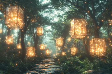 Obraz premium forest with futuristic cubes lanterns