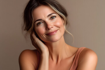Naklejka premium Beautiful woman with clear and with minimal makeup against a studio background