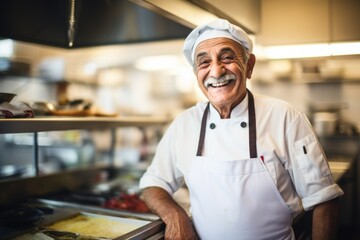 Smiling portrait of a senior chef working in kitchen