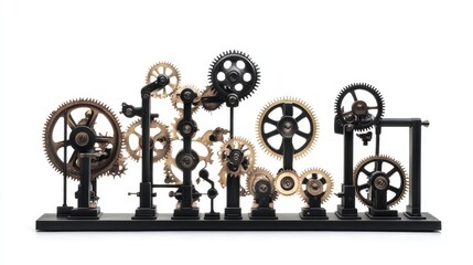 Obraz premium Industrial machine with gears and levers arranged on a white background, capturing mechanical precision and functionality