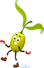 Cartoon Christmas holiday olive character playing snowballs, vector funny vegetable. Happy smiling green olive playing snowballs in mittens for winter holiday Christmas and New Year greeting emoji