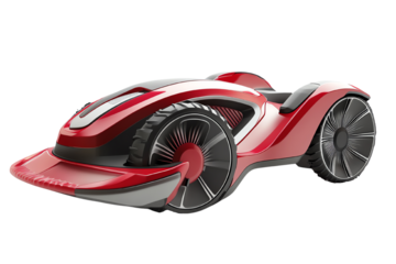 Futuristic red racing car design with sleek lines and modern aesthetics on a white isolated background.