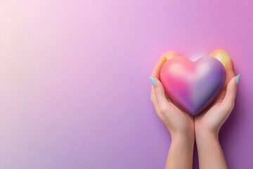 Obraz premium Hands holding a colorful heart-shaped decoration on a gradient pastel background