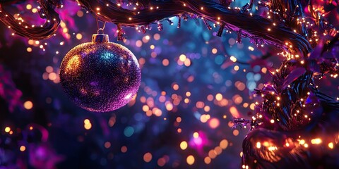 Decorative silver ornament hanging on a tree adorned with sparkling lights, creating a festive atmosphere