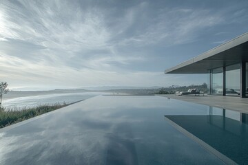 A striking wide-angle shot of a contemporary beach house, capturing its sleek design, infinity pool, and breathtaking views of the coastline.