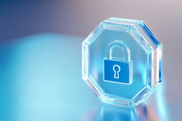 A blue hexagonal icon with an outline of a lock in the center