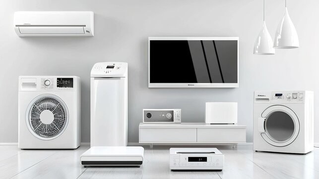 A modern, minimalist interior featuring white home appliances, including a TV, washing machine, and air conditioner, arranged stylishly against a light backdrop.