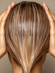 Woman applying a moisturizing hair mask for healthy, shiny hair. Demonstrates importance of hair care routine and self care with cosmetics. Spa like experience for soft, smooth hair