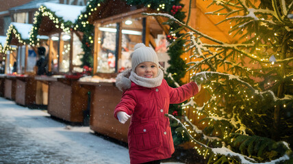 Children shopping on traditional Christmas market in Germany on snowy winter day. Kids buying waffle, candy, pastry and gingerbread in fair sweet shop. Little girl choosing sweets in Xmas bakery.