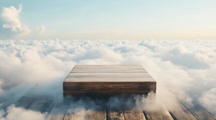 wooden empty podium on clouds. backdrops with clouds