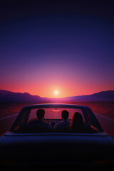 Friends enjoy a beautiful sunset while sitting in a car on a quiet road