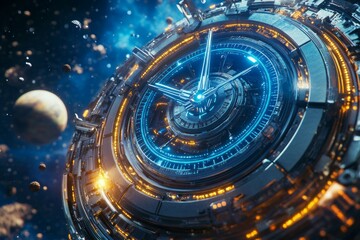 a circular time machine with holographic clock hands floating in space, blue 