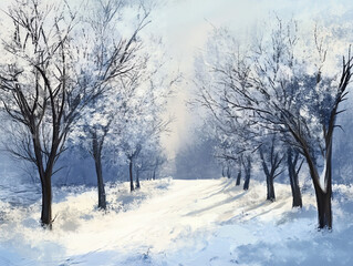 Design a serene landscape with snow-dusted trees lining a path