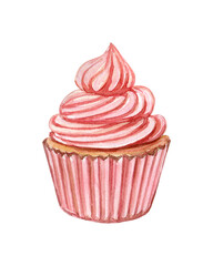 Pink cupcake with cream. Watercolor illustrations on a white background. Food