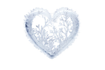 Heart-shaped ice sculpture with delicate patterns, isolated on a white background.