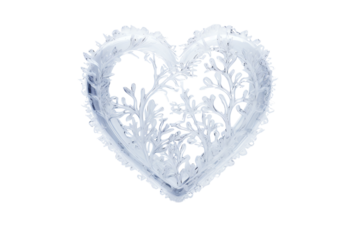 Heart-shaped ice sculpture with delicate patterns, isolated on a white background.