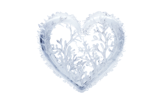 Heart-shaped ice sculpture with delicate patterns, isolated on a white background.