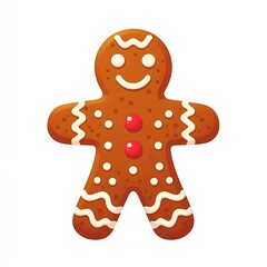 Obraz premium Flat, isolated illustration of a gingerbread man cookie decorated with white icing details on white background. Simple, cheerful design capturing the festive holiday spirit.